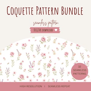 Könnte beinhalten: Ein digitaler Download-Satz mit 32 nahtlosen Mustern mit Blumenmotiv. Der Text lautet Coquette Pattern Bundle, seamless pattern, DIGITAL DOWNLOAD und 32 SEAMLESS PATTERNS. Das Design zeigt rosa Rosen und Lavendelzweige auf weißem Grund.