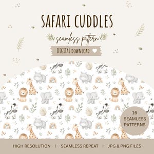 Puede incluir: Una descarga digital con un patrón sin costuras titulado SAFARI CUDDLES. El diseño incluye ilustraciones en acuarela de bebés leones, jirafas, elefantes y cebras, intercaladas con arcoíris y hojas sobre un fondo claro.