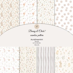 Könnte beinhalten: Acht nahtlose Muster mit Hasen- und Küken-Motiven. Die Muster zeigen Hasen, Küken, Blumen und Polka Dots in sanften Pastellfarben. Der Text lautet "Bunny & Chick! seamless pattern". Jedes Muster ist 12 x 12 Zoll groß.