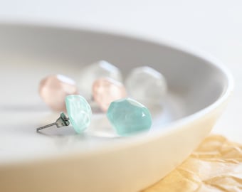 Resin Stud Earrings | pastel earrings, sea glass jewelry, turquoise, pink, white, hypoallergenic, resin earrings, gifts for her