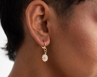 Daisy Hoop Earrings | daisy earrings dangle, hoop earrings, nature jewelry, floral jewelry, garden jewelry