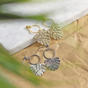 Monstera Leaf Earrings hoop earrings with charm, botanical jewelry, tropical leaf, statement earrings, aesthetic earrings image 4