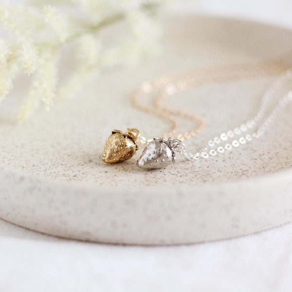 Strawberry Necklace | fruit jewelry, garden jewelry, berry jewelry, charm necklace, silver strawberry, gold strawberry