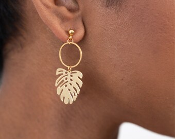 Monstera Leaf Earrings | hoop earrings with charm, botanical jewelry, tropical leaf, statement earrings, aesthetic earrings