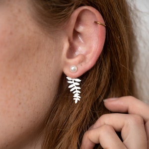 Fern Ear Jackets botanical jewelry, leaf earrings, ear jacket earrings, nature jewelry, pearl earrings, pearl jewelry, statement earrings image 1
