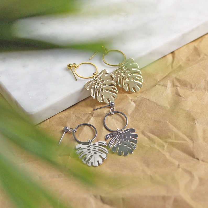 Monstera Leaf Earrings hoop earrings with charm, botanical jewelry, tropical leaf, statement earrings, aesthetic earrings image 4