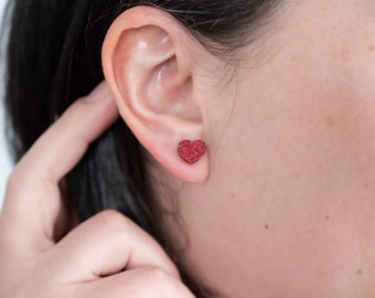 Red Heart Earrings | Valentine's Day, heart jewelry, small earrings, hypoallergenic earrings, minimalist earrings, glitter resin earrings