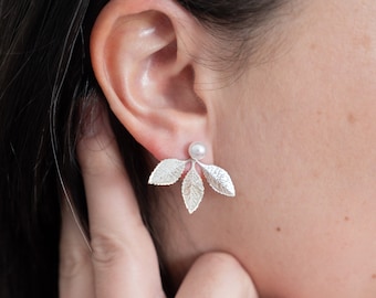 Leaf Ear Jackets | leaf earrings, ear jacket earrings, nature jewelry, pearl earrings, pearl jewelry, bridal, spring jewelry, hypoallergenic