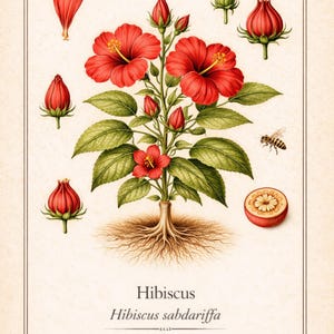 Hibiscus Botanical Print, Vintage Botanical Illustration, Herbarium Wall Art, Medicinal Plant Poster, Antique Flower Print