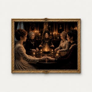 Puede incluir: Una lámina de arte enmarcada que muestra a cinco personas con ropa de época sentadas alrededor de una mesa redonda de madera en una habitación oscura. Se toman de las manos alrededor de un cuenco central brillante con velas en círculo.