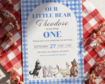 Blue Gingham Little Bear 1st Birthday Invitation, Watercolor Animal Party Canva Template, Editable Boy Invite, Storybook Woodland Animals