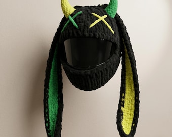 Motorcycle Helmet Bunny Cover with Horns, Crochet Helmet Hat, Kawaii Rider Hood