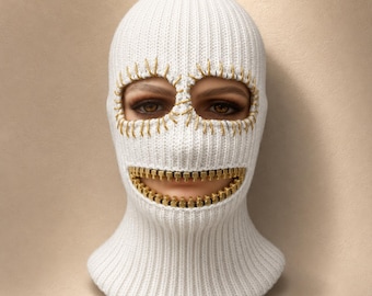 Balaclava com zíper, máscara de esqui de tricô, cobertura total do rosto, capuz de inverno, máscara streetwear