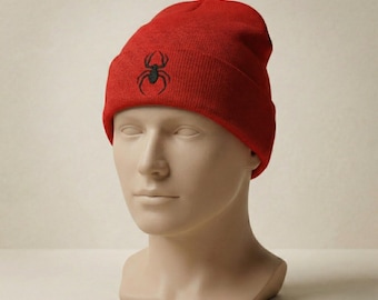 Spider Embroidered Red Beanie Hat Unisex Winter Knit Cap