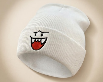 Boo Ghost Embroidered Beanie | White Knit Winter Hat