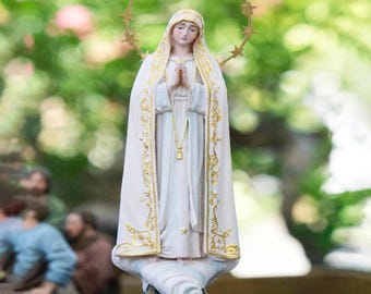 Estatua de Nuestra Señora de Fátima de 15 cm, figura católica hecha a mano, polvo de piedra compuesta, tamaño y color personalizados, envío a todo el mundo.