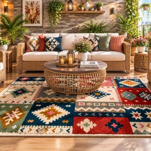 Handtuftad sydvästlig lapptäcke i ullmatta, geometrisk tribal matta, boho aztekisk matta, handgjord nyzeeländsk ullmatta, vardagsrumsmatta