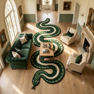 Puede incluir: Una alfombra larga y sinuosa con forma de serpiente que presenta una paleta de colores verde oscuro y crema con un patrón de escamas texturizado. La alfombra serpentea por un suelo de madera clara, extendiéndose desde el frente hacia el fondo.