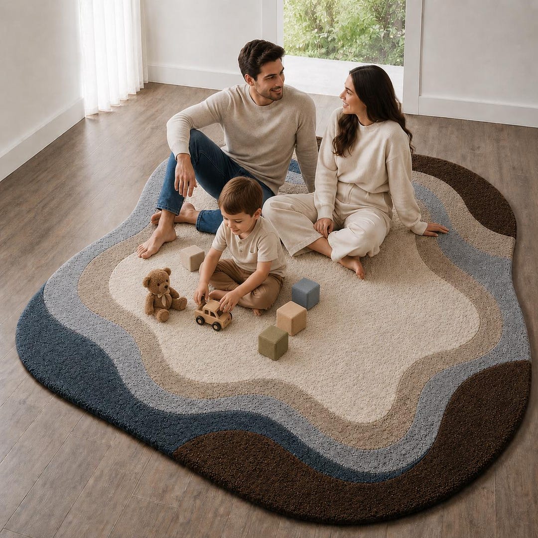 Hand Tufted Wool Abstract Wavy Rug, Cream Blue Brown Modern Area Carpet ...