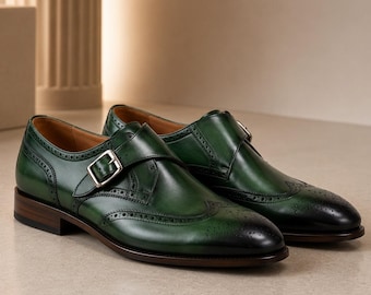 Mens Handmade Green Leather Monk Strap Shoes