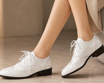 Women’s Handmade White Leather Oxford Brogues