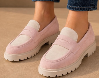 Womens Pink White Chunky Sole Leather Loafers