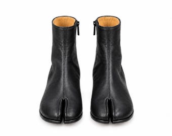 Men's Handmade Pure Leather Black Tabi Ankle Boots Split Toe Boots