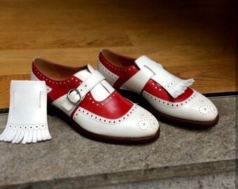 Men’s red and white two tone fringe monk strap wingtip shoes handmade dress shoes