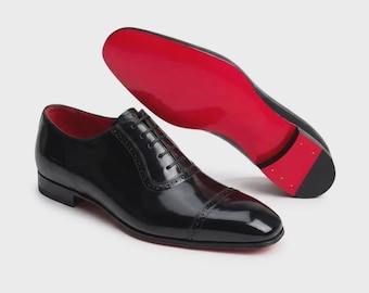 Men's Handmade Black Patent Leather Oxford Shoes Red Sole Dress Shoes