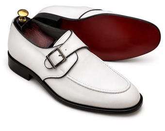 Men’s Handmade White Leather Monk Strap Shoes