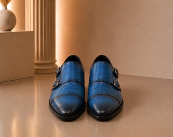Mens Handmade Blue Leather Double Monk Strap Shoes