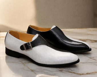 手作りの黒と白のモンクストラップシューズ（メンズ用）クラシックレザードレスローファー