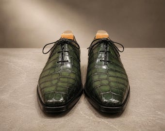 Men’s Handmade Green Croc Leather Oxford Dress Shoes  Luxury Formal Footwear