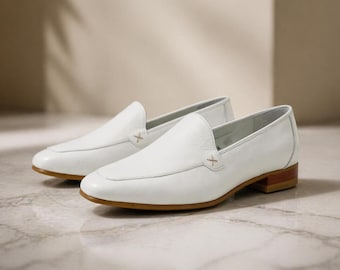 Herren Handgefertigte Weiße Leder Loafers Italienische Slip On Dress Schuhe