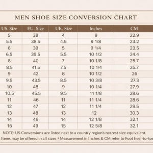 Puede incluir: Tabla de conversión de tallas de zapatos para hombre, que muestra tallas de EE. UU., UE y Reino Unido, junto con medidas en pulgadas y centímetros. La tabla incluye tallas desde la US 5 (22,9 cm) hasta la US 16 (32,1 cm).
