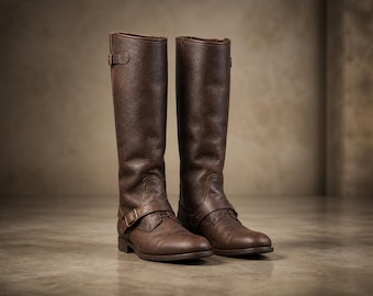 Botas altas de montar de cuero hechas a mano para hombre, estilo ecuestre de lujo en color marrón.
