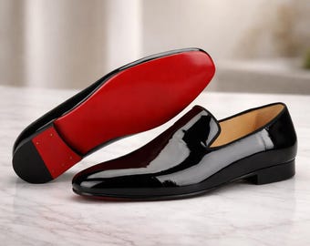 Handmade Luxury Red Sole Loafers Men’s Black Patent Leather Business Dress Shoes