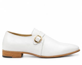 Men's Handmade Pure Leather White Monk Strap Shoes Gold Buckle Dress Shoes