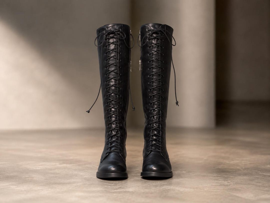 Womens Handmade Leather Knee High Lace up Boots Black Combat Riding ...
