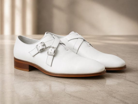 Handmade White Double Monk Strap Dress Shoes for Men Luxury Leather Formal Shoes