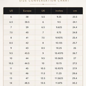 Puede incluir: Una tabla de conversi&oacute;n de tallas de calzado para hombre, que muestra tallas de EE. UU., europeas, Reino Unido, pulgadas y cm. La tabla incluye tallas desde la US 6 (23,5 cm) hasta la US 16 (31,8 cm).