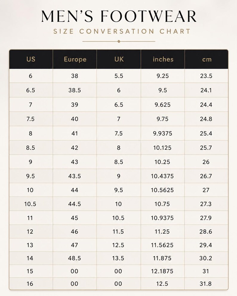 Puede incluir: Una tabla de conversi&oacute;n de tallas de calzado para hombre, que muestra tallas de EE. UU., europeas, Reino Unido, pulgadas y cm. La tabla incluye tallas desde la US 6 (23,5 cm) hasta la US 16 (31,8 cm).