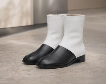 Women’s Handmade Split Toe Tabi Boots Black White Leather