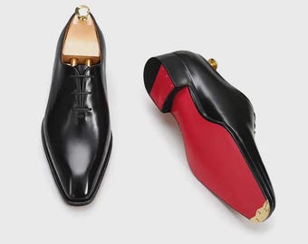 Handgefertigte Schwarze Wholecut-Oxford-Schuhe für Herren - Exklusive Anzugschuhe mit Roter Ledersohle
