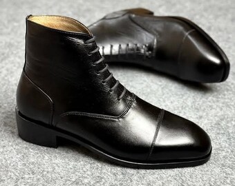 Mens Handmade Black Leather Lace Up Boots Luxury Dress Ankle Boots