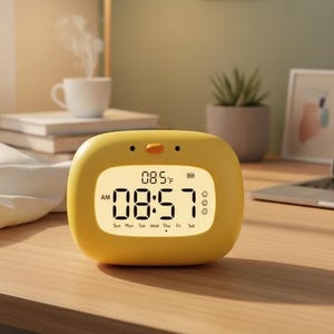 Puede incluir: Un despertador digital amarillo con forma rectangular redondeada. El reloj muestra la hora 08:57 y la temperatura 29°C. El reloj tiene un pequeño botón naranja y dos puntos negros en la parte superior.