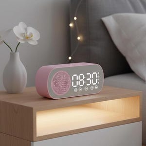May include: A pink and gray digital alarm clock displaying 08:30 on a nightstand. The clock has a speaker and several control buttons. A white vase with white flowers sits to the left of the clock. The nightstand is made of wood and has a drawer.