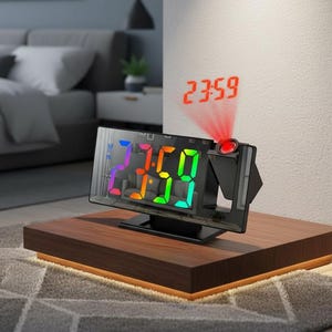 プロジェクション目覚まし時計 LEDデジタル時計 180度回転プロジェクター USBベッドサイドディスプレイ スヌーズ機能付き