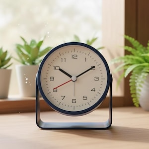 May include: A round, navy blue analog clock with a white face and black numerals. The clock has black hands and a red second hand. It sits on a wooden surface and has a stand. The clock is approximately 4 inches in diameter.