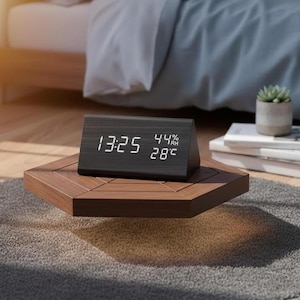 May include: A black digital alarm clock displaying the time, humidity, and temperature. The clock has a wooden-like appearance and sits on a brown hexagonal table. The time reads 13:25, with 44% humidity and 28 degrees Celsius.